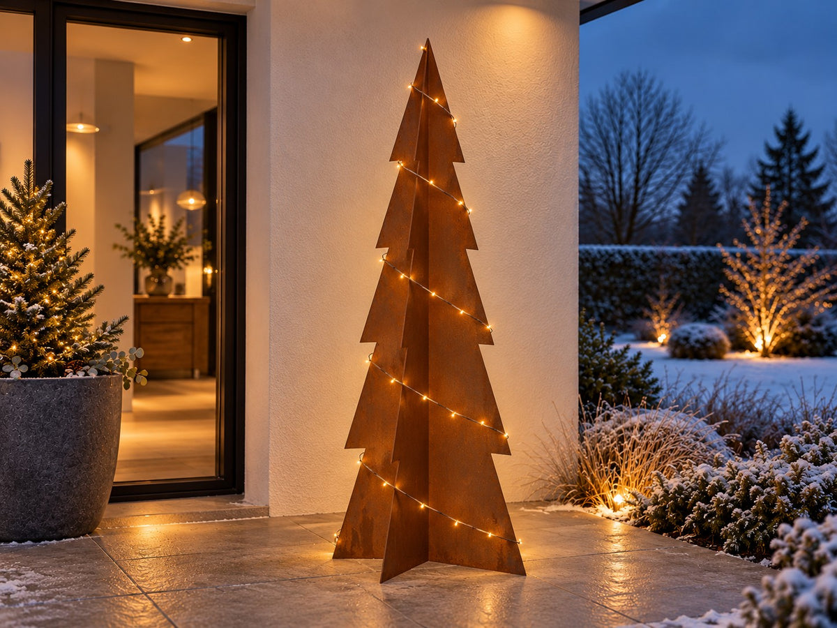 Julgran i cortenstål – med stjärnor och snöflingor (80 / 120 / 180 cm)