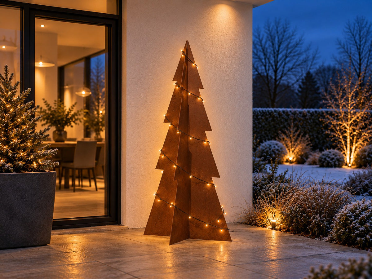 Julgran i cortenstål – med stjärnor och snöflingor (80 / 120 / 180 cm)