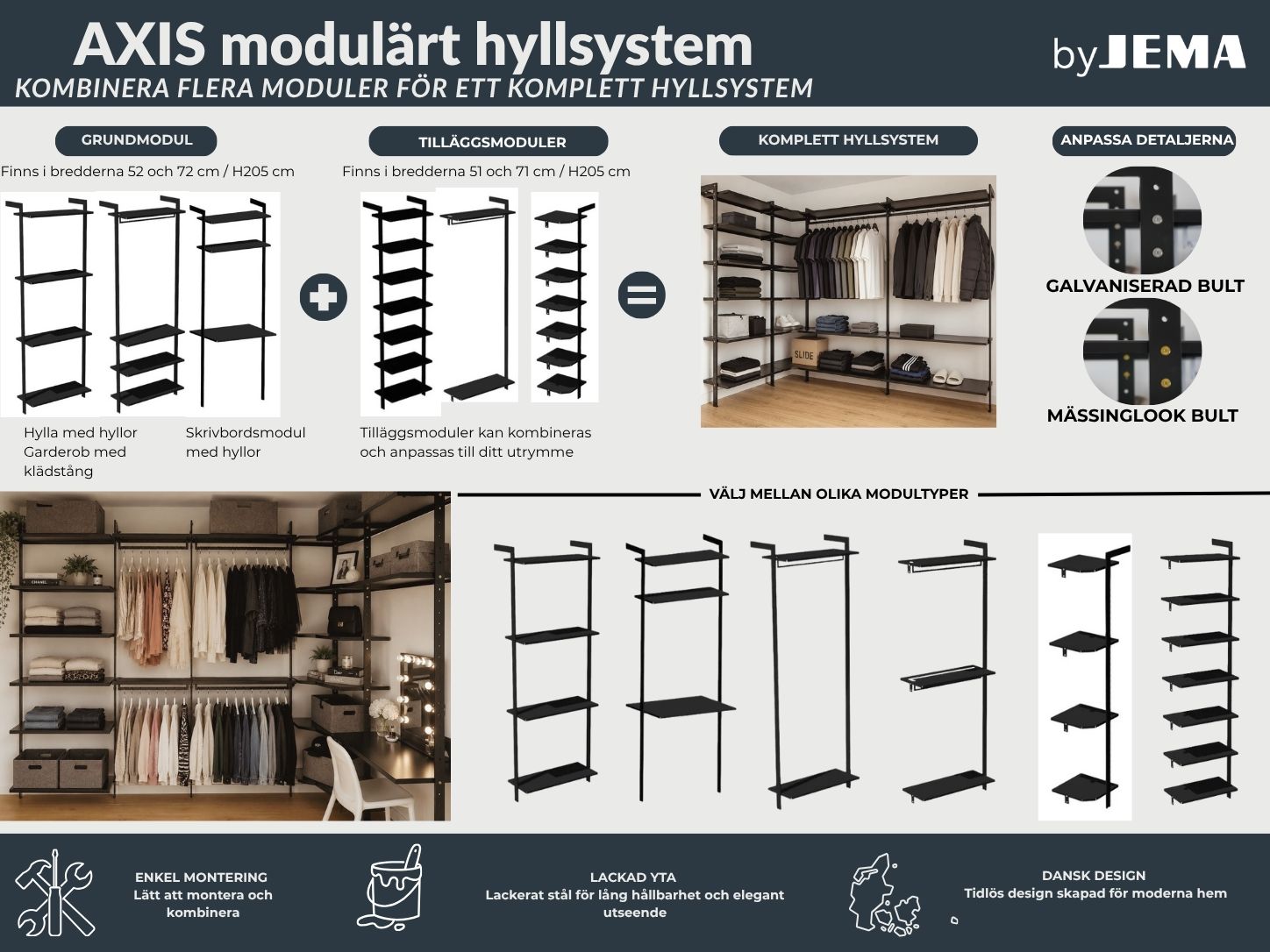Förlängningsmodul AXIS – 71 × 205 cm, svartlackerat, bordsskiva + 2 hyllor