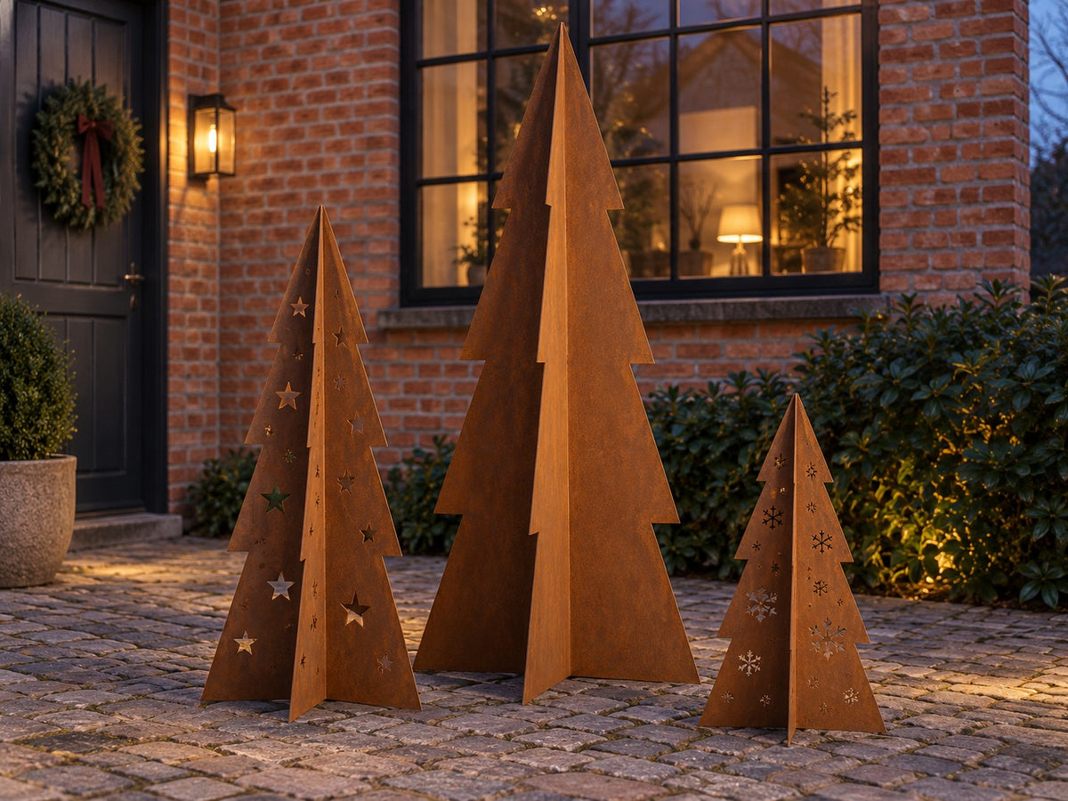 Julgran i cortenstål – med stjärnor och snöflingor (80 / 120 / 180 cm)