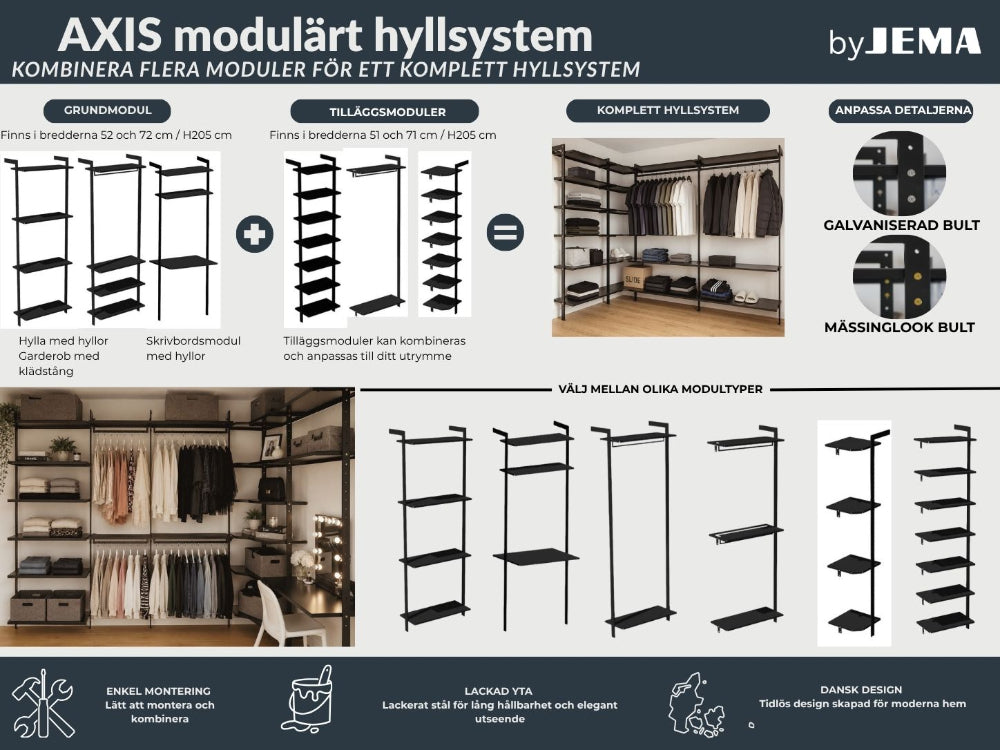 AXIS modulärt hyllsystem i svartlackerat stål med garderobsmoduler, hyllor och klädstänger kombinerade till en flexibel förvaringslösning för sovrum och walk-in closet.