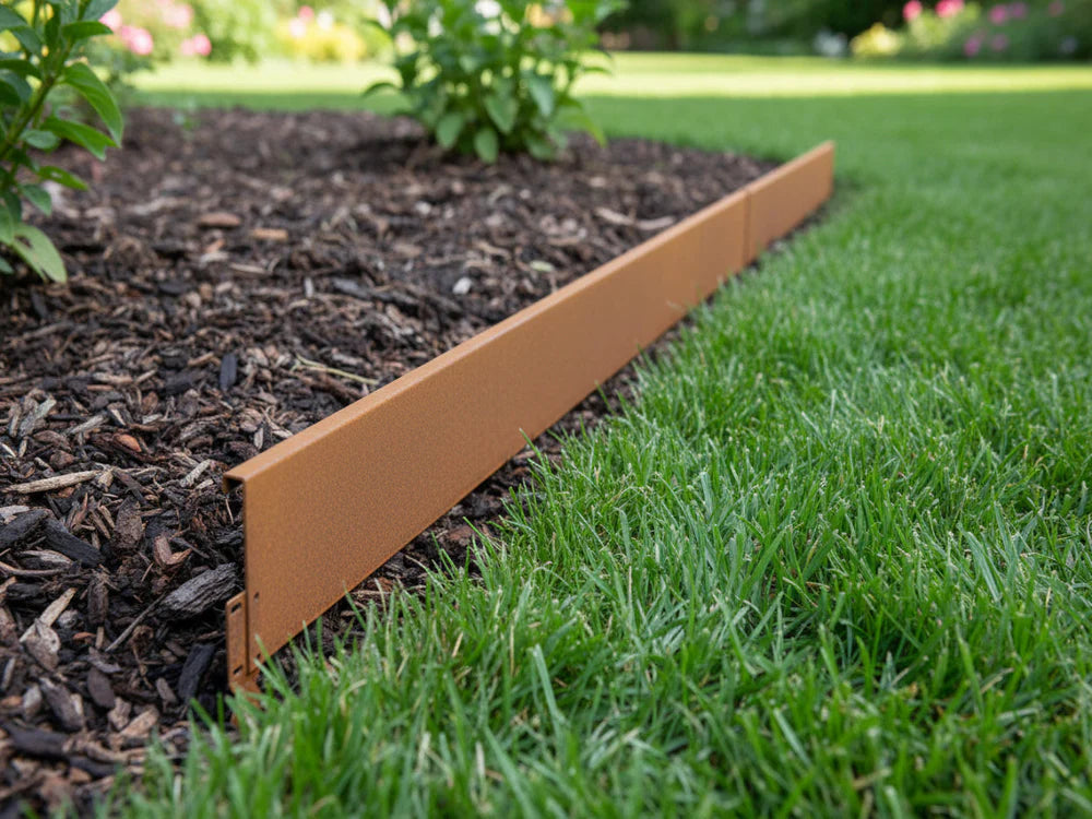 Bedkant i cortenstål med dubbel ombockning från byJEMA som avgränsning mellan gräsmatta och rabatt i trädgården