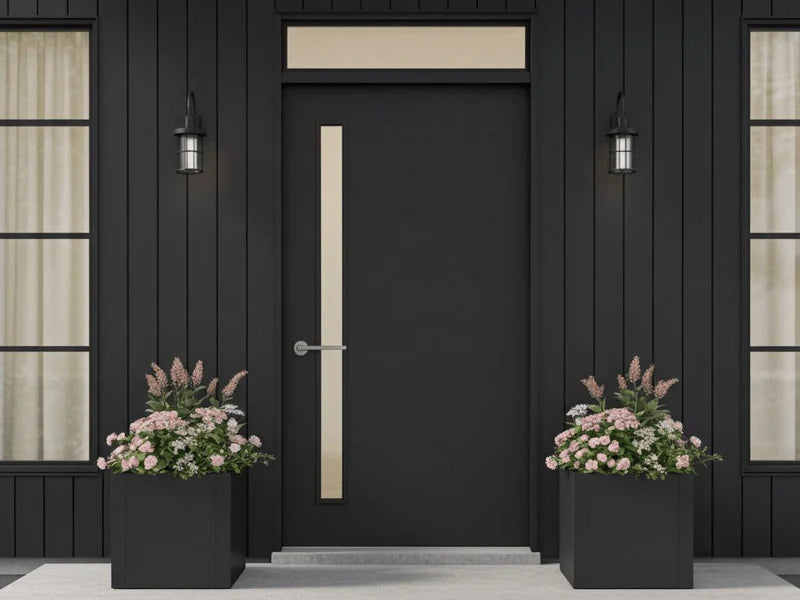 Blomlådor i svart stål med blommande växter vid entré