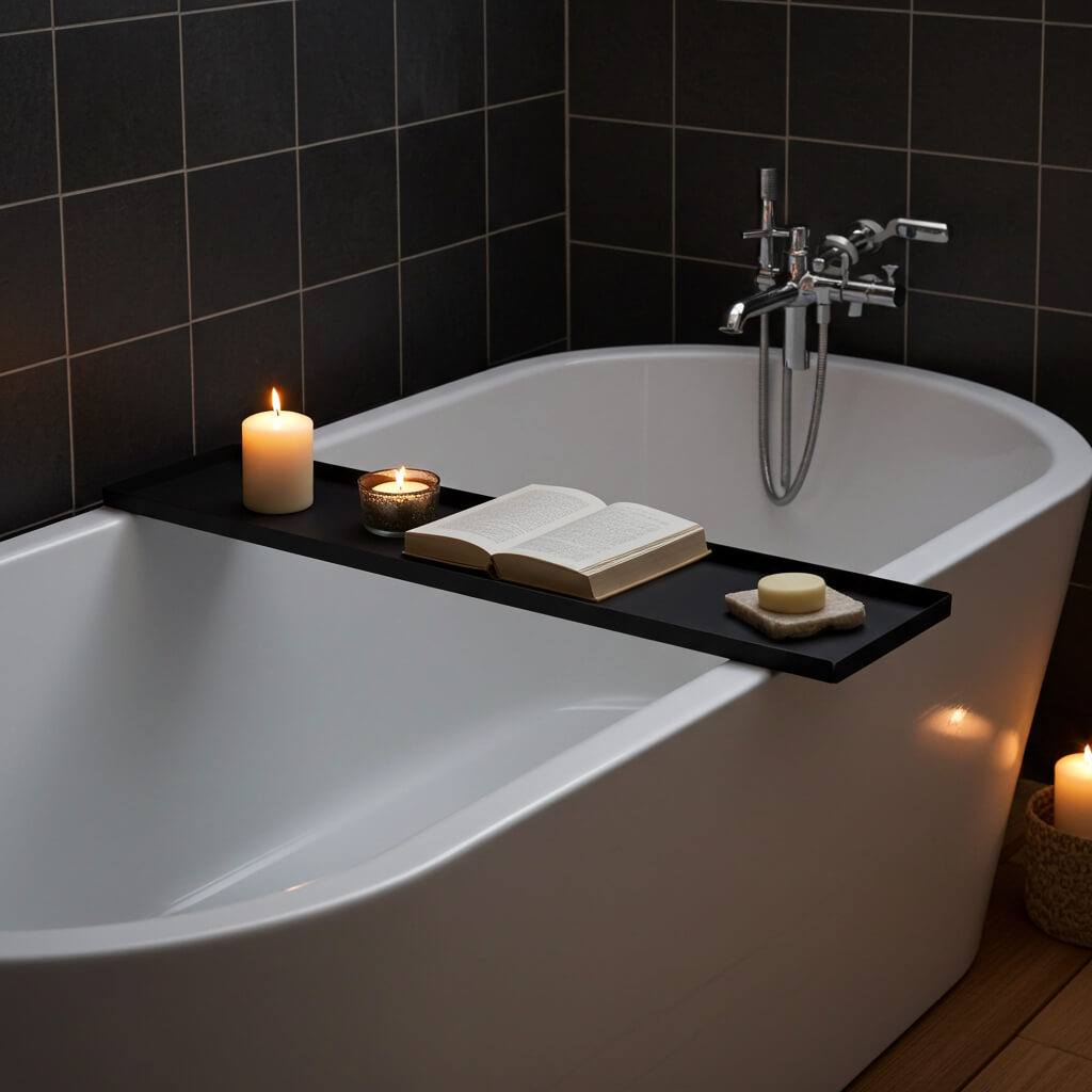 Svartlackerad badkarshylla i stål tvärs över badkar med bok och ljus i spa-inspirerat badrum