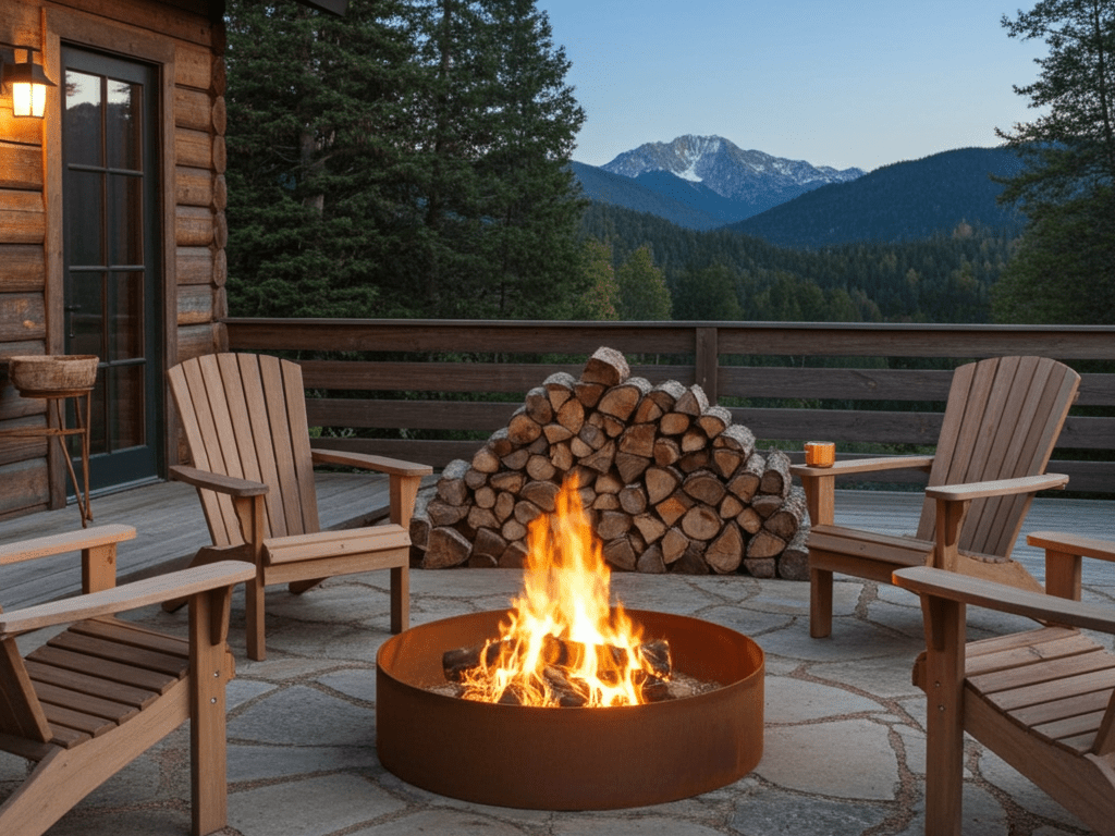 Eldstad i cortenstål på terrass ved stuga med utsikt mot berg.