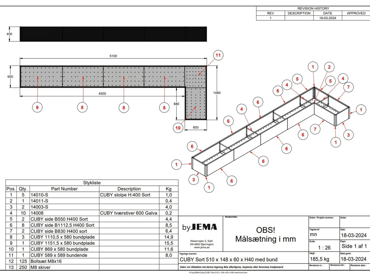 Teknisk ritning av L-formad byJEMA CUBY högbädd i svartlackerat stål på specialmått