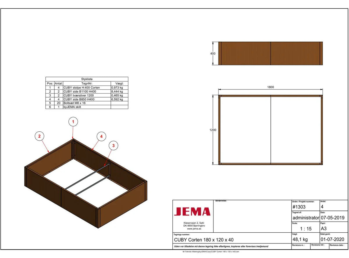byJEMA CUBY odlingslåda i cortenstål 180 x 120 x 40 cm ovanifrån