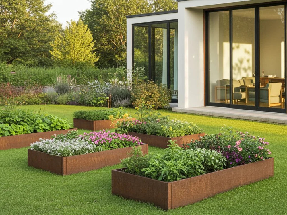 byJEMA CUBY odlingslåda i cortenstål med blommor och perenner i trädgård