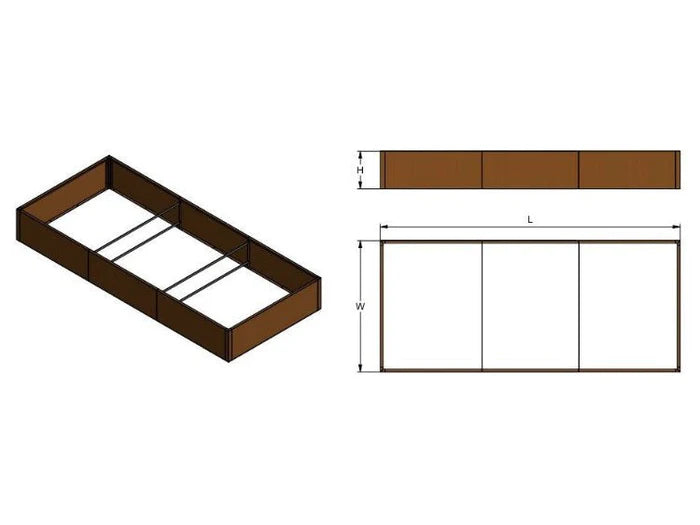 Måttskiss av byJEMA CUBY odlingslåda i cortenstål med längd, bredd och höjd