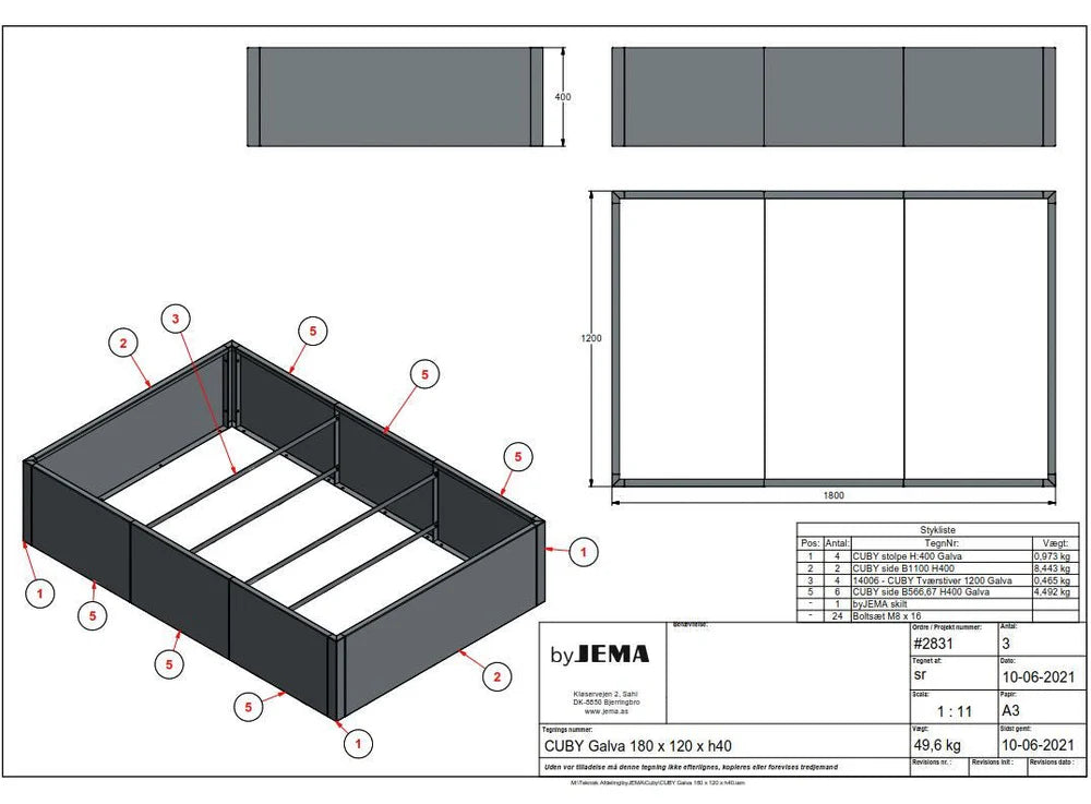 Teknisk ritning av byJEMA CUBY odlingslåda i galvaniserat stål på specialmått