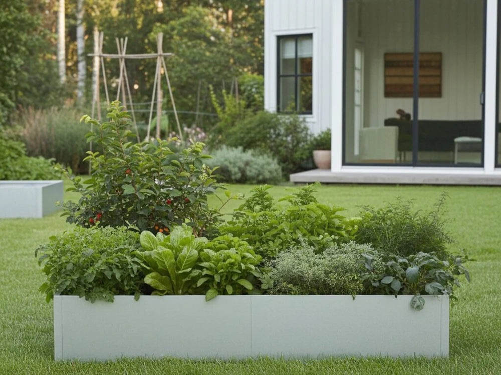 byJEMA CUBY odlingslåda i galvaniserat stål med växter i modern trädgård