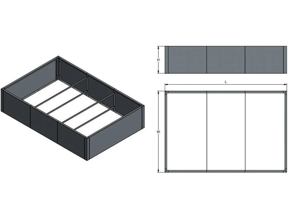 Måttskiss av byJEMA CUBY odlingslåda i svartlackerat stål med längd, bredd och höjd