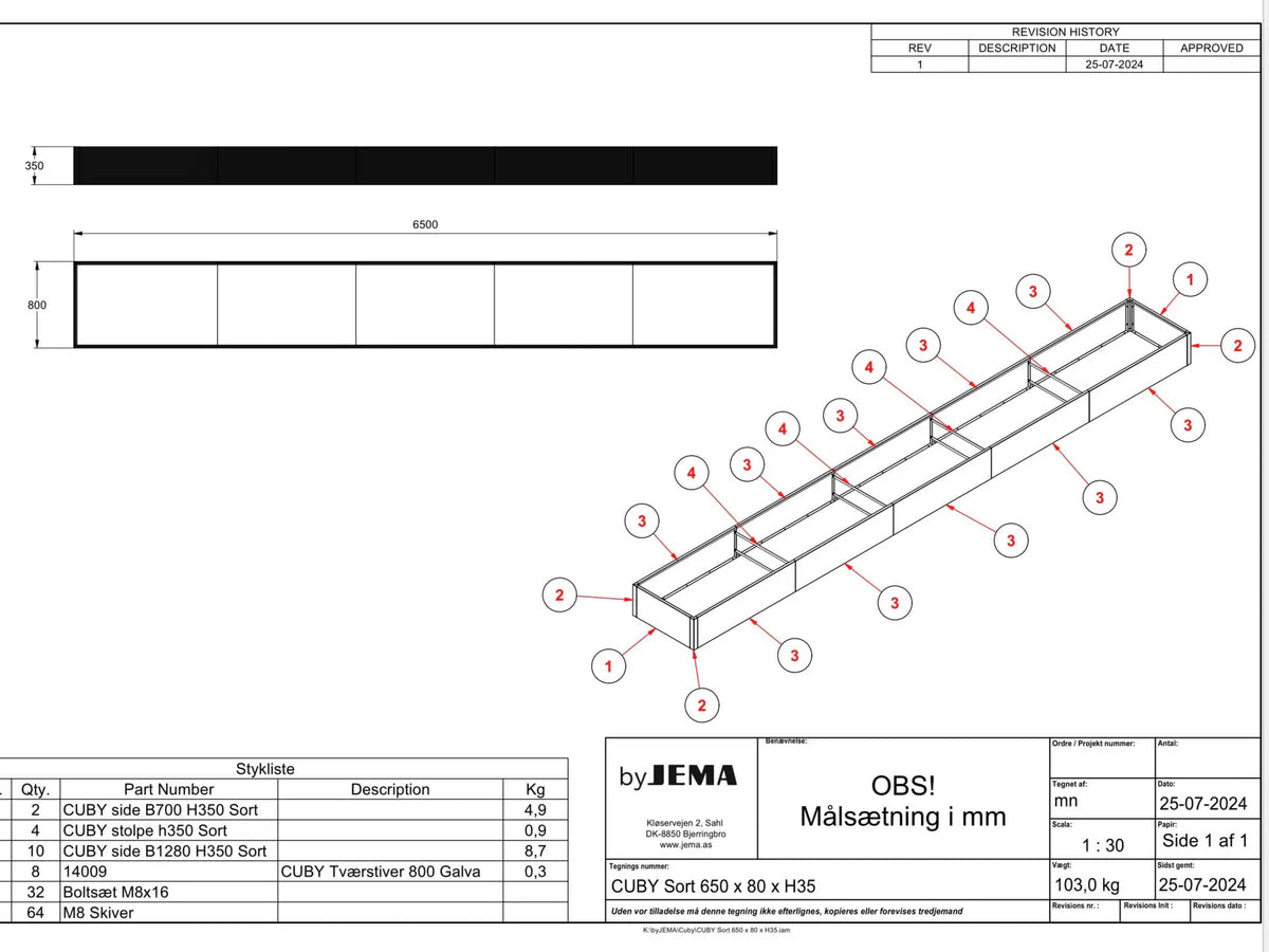 Teknisk ritning av byJEMA CUBY odlingslåda i svartlackerat stål på specialmått