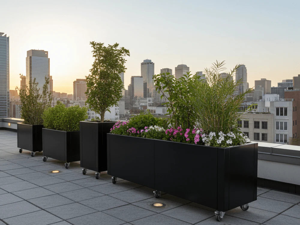 byJEMA CUBY planteringslådor i svartlackerat stål med hjul på modern takterrass