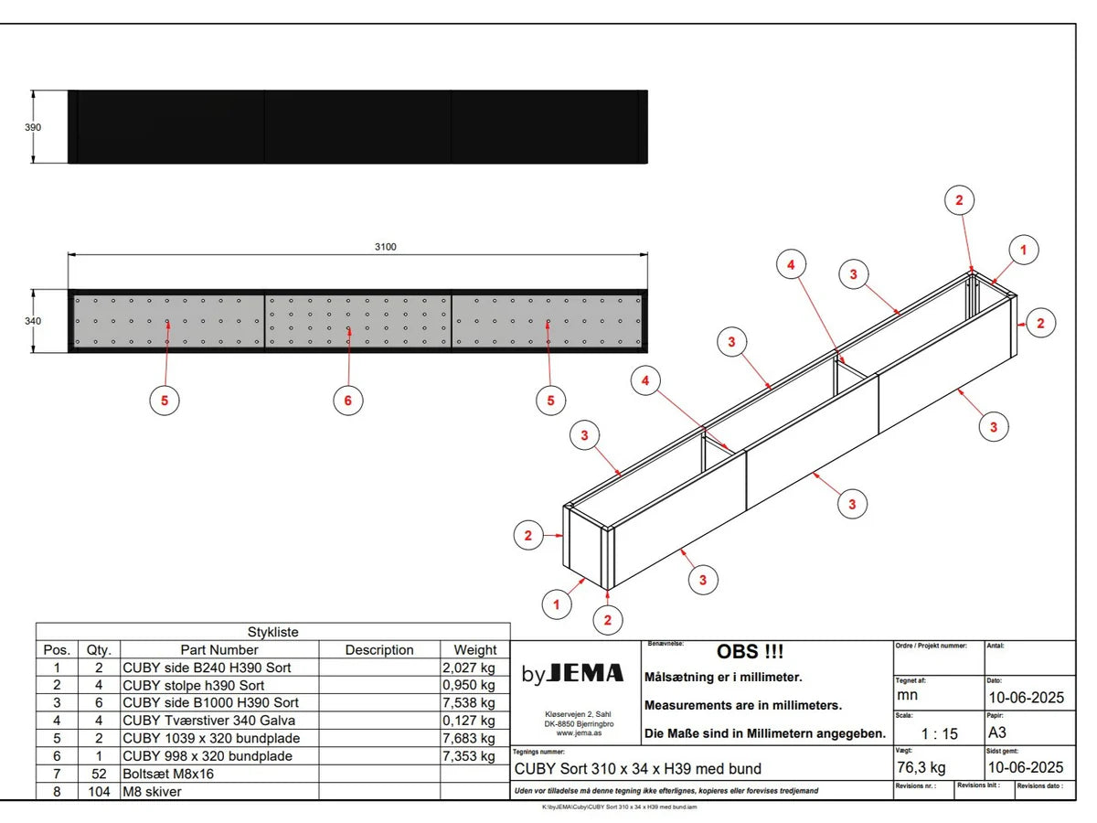 Teknisk konstruktion av byJEMA CUBY planteringslåda i svartlackerat stål på specialmått