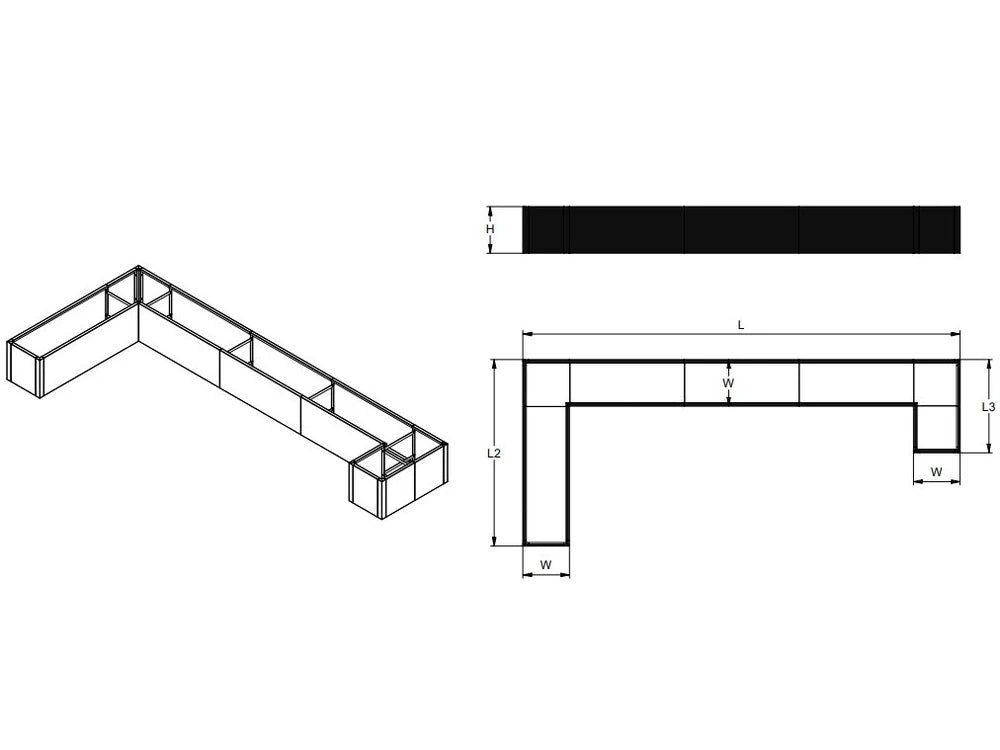 byJEMA CUBY U-formad planteringslåda i svartlackerat stål på specialmått för terrass och trädgård