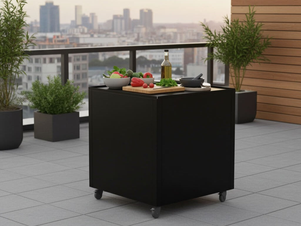 byJEMA uteköksbord i svartlackerat stål med hjul placerat på modern terrass med stadsutsikt