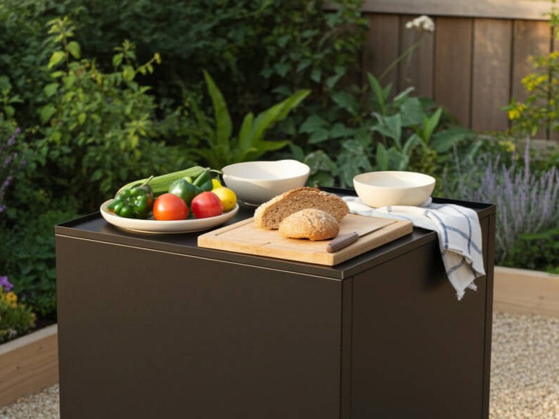 byJEMA uteköksbord i svartlackerat stål använt som mobil arbetsstation i trädgård