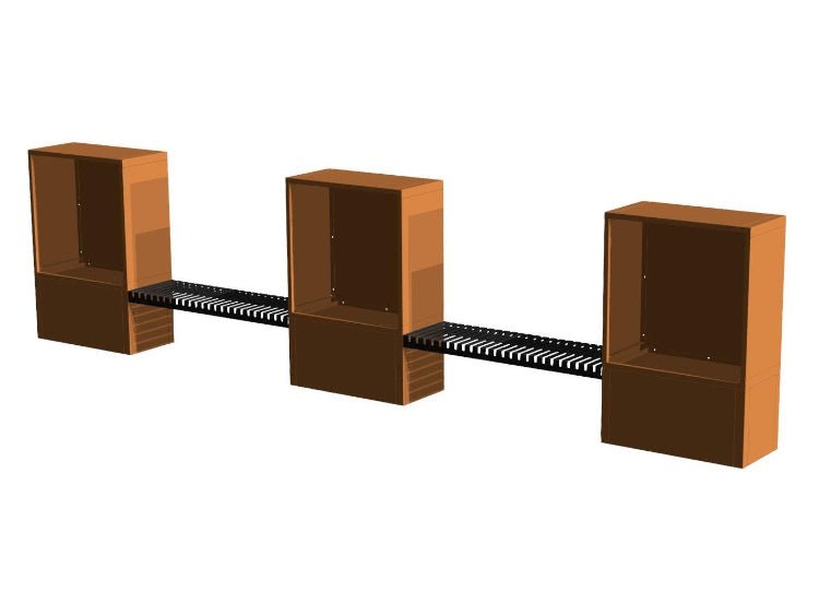 3D-visualisering av modulär vedförvaring i cortenstål med sittbänk