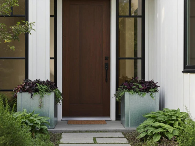 Två låga kvadratiska CUBY blomlådor i galvaniserat stål placerade symmetriskt vid entré