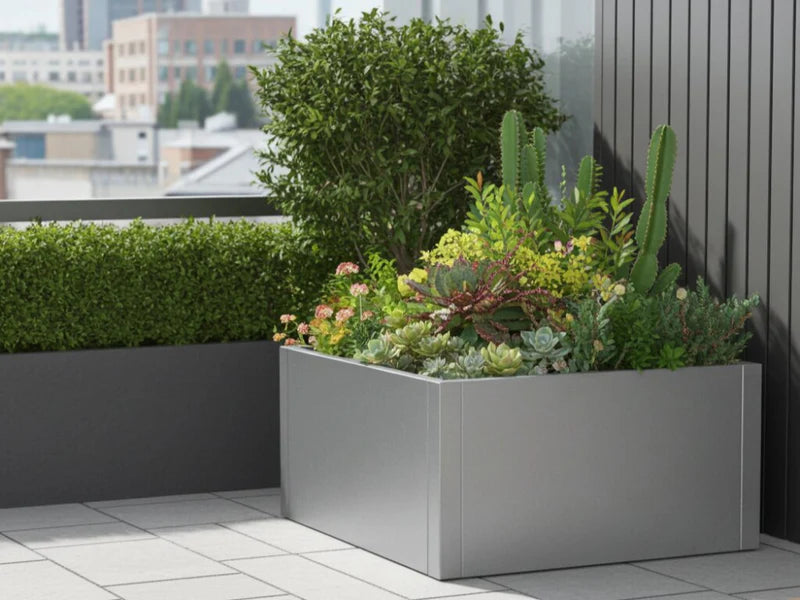 CUBY låg kvadratisk blomlåda i galvaniserat stål med varierad plantering på urban terrass