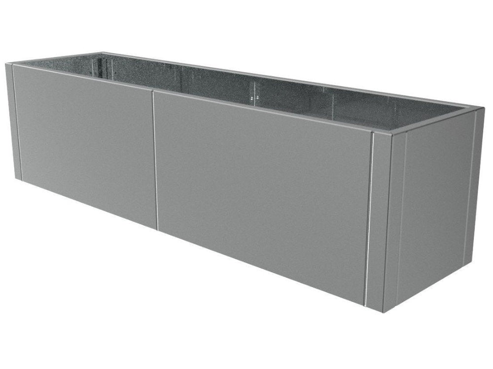 CUBY låg rektangulär blomlåda i galvaniserat stål visad som fristående produkt
