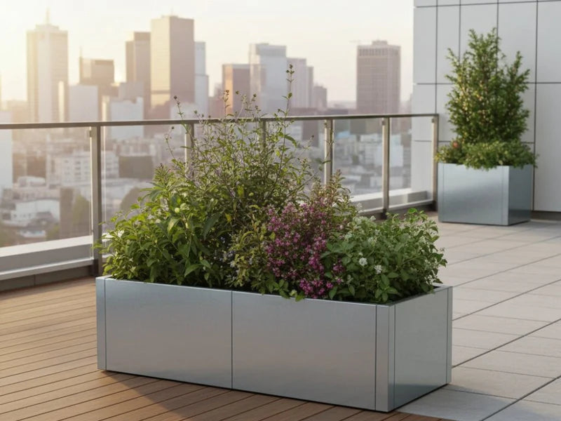 CUBY blomlåda i galvaniserat stål med blommor på takterrass i stadsmiljö