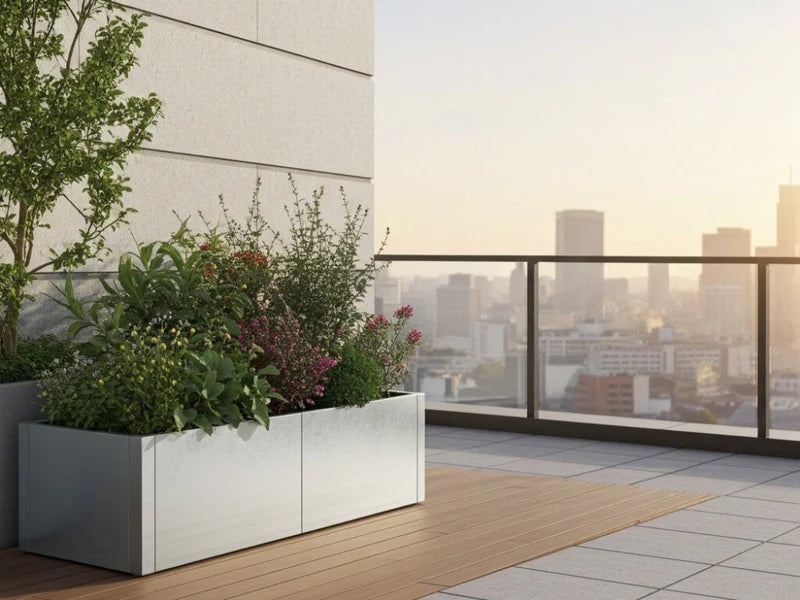 CUBY blomlåda i galvaniserat stål med varierad plantering på urban terrass