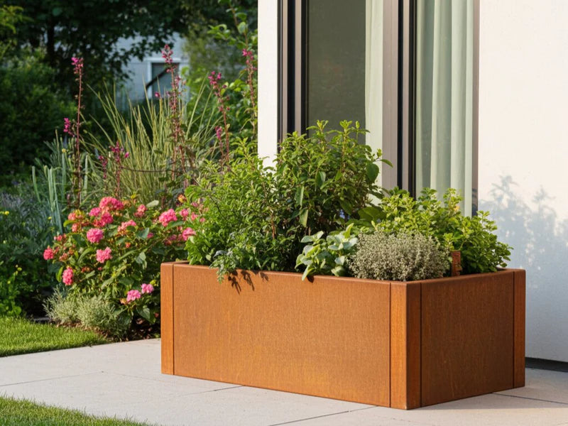 CUBY blomlåda i cortenstål med växter på terrass