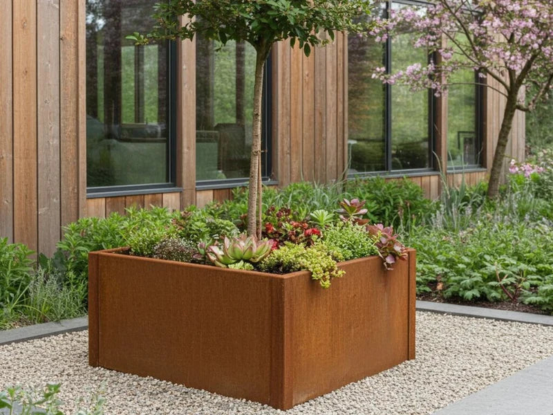 CUBY blomlåda i cortenstål med litet träd och marktäckande växter