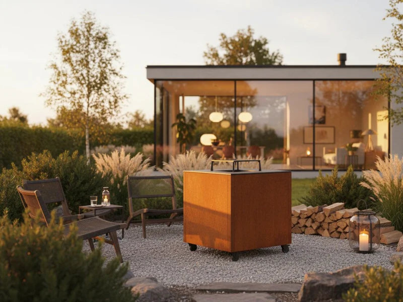 CUBY eldstad i cortenstål vid modernt hus med kvällsbelysning