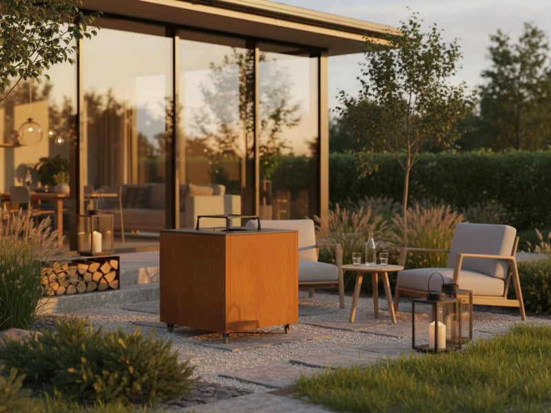 CUBY eldstad i cortenstål på terrass med lounge och belysning