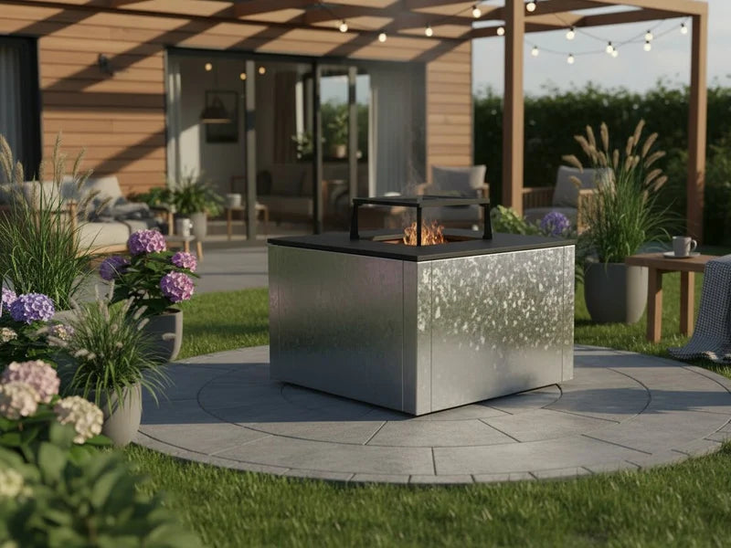 CUBY eldstad i galvaniserat stål placerad i rund terrass med trädgårdsdesign