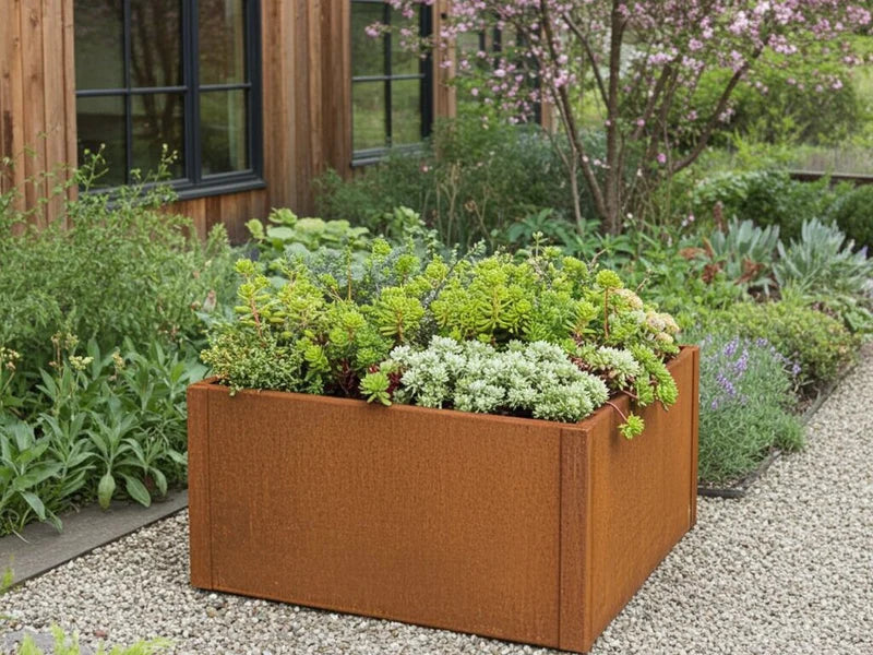 Kvadratisk blomlåda i cortenstål från CUBY med sedum och perenner