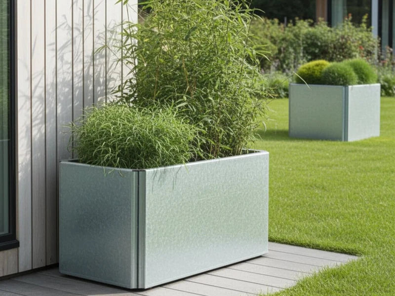 Låg EDGY blomlåda i galvaniserat stål som inramning av terrass