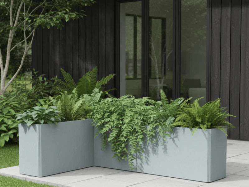 EDGY hörn-blomlåda i galvaniserat stål med ormbunkar