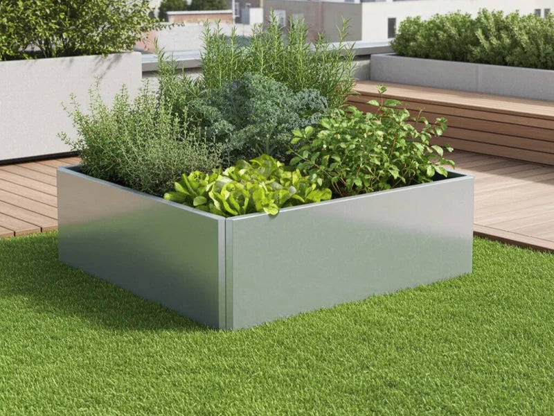 Kvadratisk EDGY odlingslåda med frodig plantering på takterrass