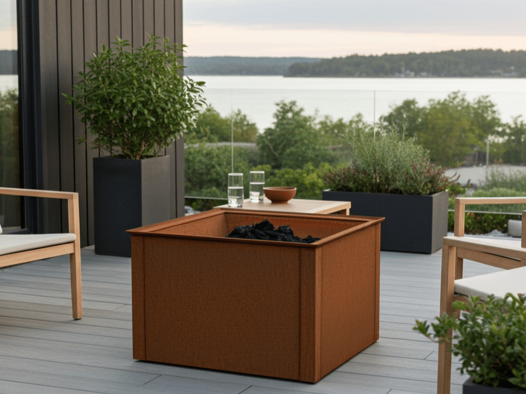 Fyrkantig eldstad i cortenstål placerad på modern terrass med utsikt över vatten och grönska