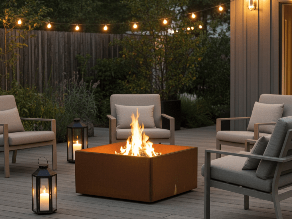 Fyrkantig eldstad i cortenstål placerad på terrass, omgiven av utegrupp, lyktor och stämningsbelysning