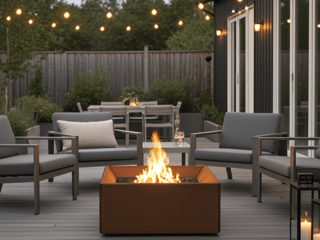 Fyrkantig eldstad i cortenstål placerad på terrass, omgiven av utemöbler och stämningsbelysning
