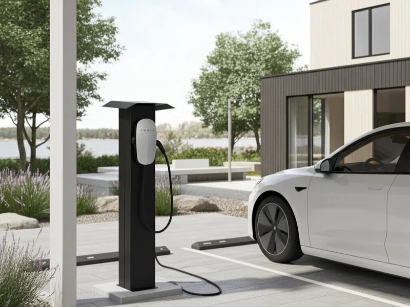 Svart laddstolpe för elbil vid parkering