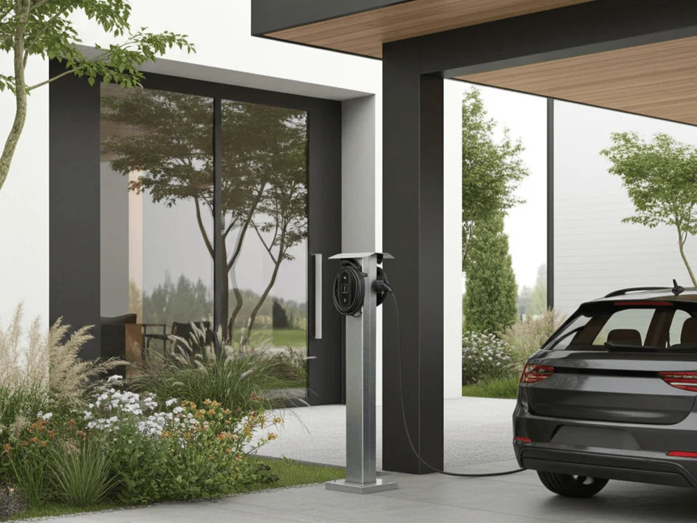 Fristående laddstolpe i varmförzinkat stål vid modernt hus med carport