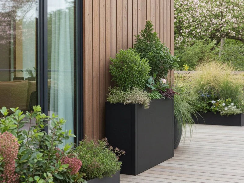 Modern blomlåda i svart stål med varierad plantering