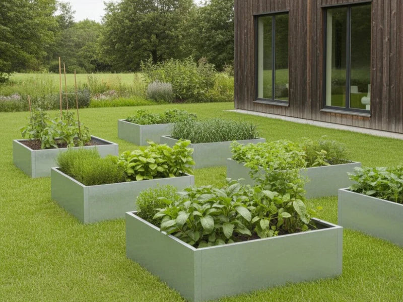 Odlingslåda i galvaniserat stål med grönsaker och örter i köksträdgård på gräsmatta