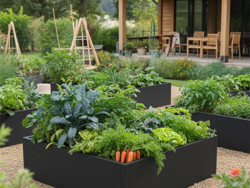 Flera odlingslådor i svart stål med grönsaker i trädgård