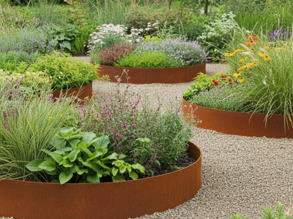 Öppna runda rabattkanter i cortenstål med perenner och prydnadsgräs i grusträdgård