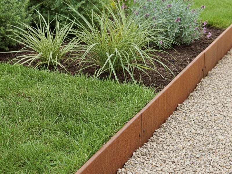 Rabattkant i cortenstål med perenner längs grusgång