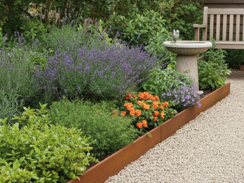 Rabattkant i cortenstål runt perennrabatt vid grusgång och trädgårdsbänk