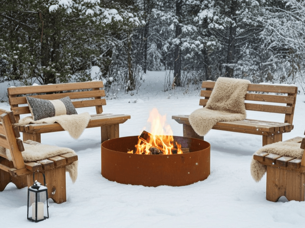 Rund eldstad i cortenstål med brinnande ved, placerad i snö mellan träbänkar i vintermiljö