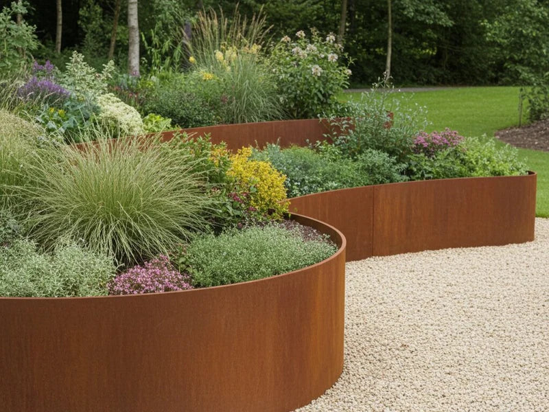 Böjd stödmur i cortenstål runt planteringsbädd vid grusgång